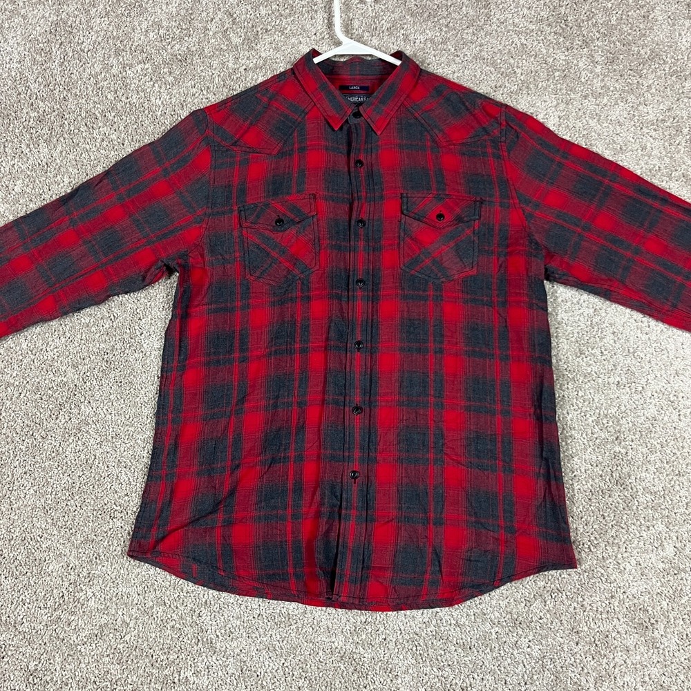 American Rag Flannel Shirt Mens L Plaid Long Sleeve Button Up Lightweight‎ Red